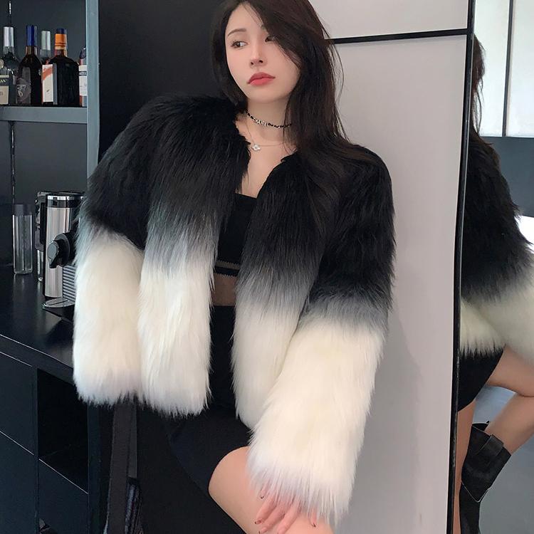 Женская мода градиент цвета искусственного меха пальто осень зима элегантная теплая верхняя одежда женские куртки из искусственного меха