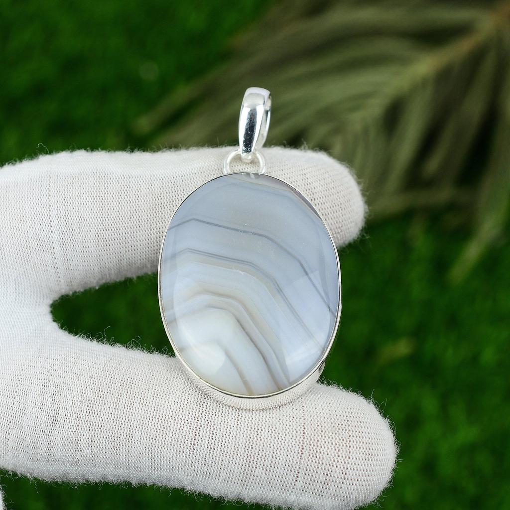 Mothers day Sale Oval Natural Botswana Agate Trendy Daughter Pendant 925 Silver