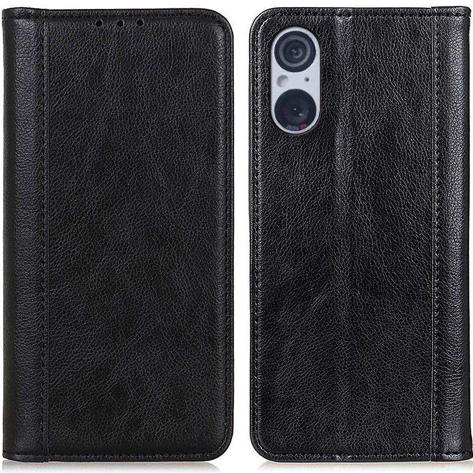 Case for Sony Xperia 5 V, Wallet Litchi Leather, Black
