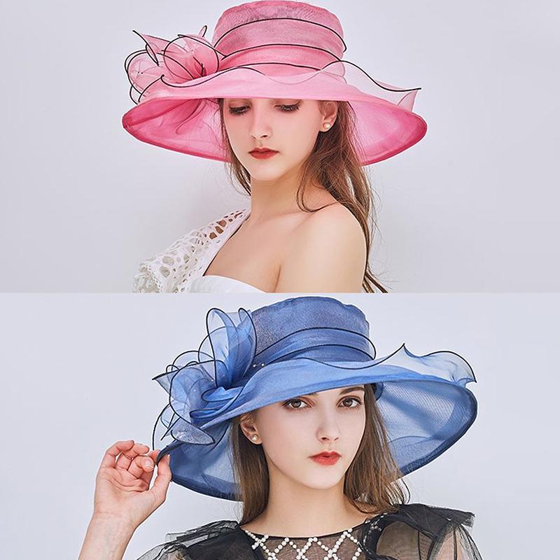 Vintage Organza Wide Brim Hat For Women Church Dress Bridal Wedding Hat Floral Mesh Sun Hat Party Beach Caps