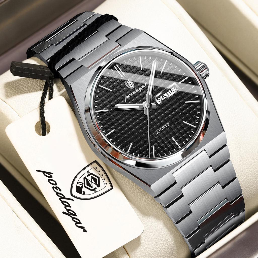 POEDAGAR Original Luxury Man Wristwatch Luminous Waterproof Stainless Steel Men's Clock Date Week Quartz Fashion Watches For Men
