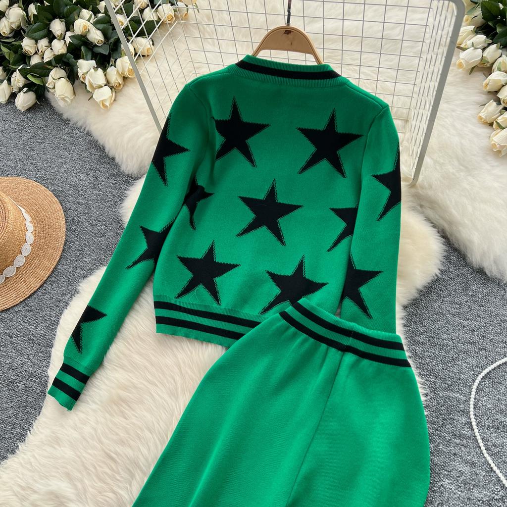 Осенне-зимний комплект из вязаного свитера с принтом звезд, женская куртка с длинным рукавом, пальто + брюки, спортивный костюм из двух частей