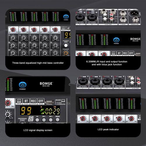 BOMGE Pro Mixer 6-Channel Mixer Console with 99 DSP Effects, +48V Phantom, Bluetooth, USB Interface, 2 AUX, and FX Processor for Studio Recording and