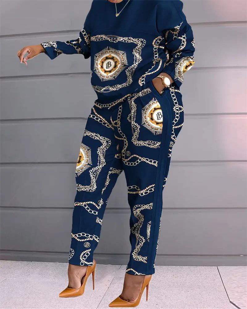 European and American Women's Long-Sleeved Printed Trousers Two-Piece Suit