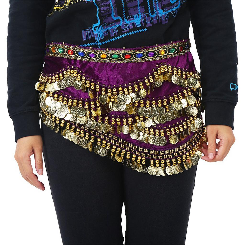 Belly Dancing Hip Scarf Wrap Skirt Waist Belt with Artificial Coin Tassel Dark Purple