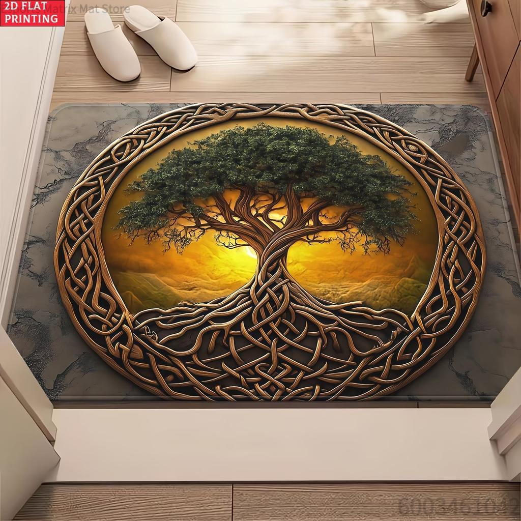 Vintage Celtic Knot Tree of Life Doormat, Non-Slip Mat Rug That Is Machine Washable, Suitable for Bedroom And Living Room Entr