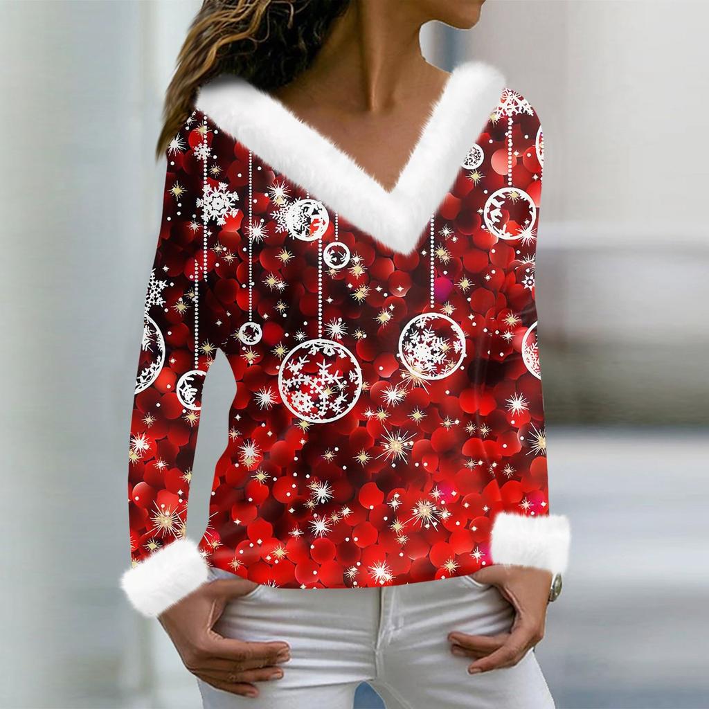 Women's Fashion Long Sleeve Christmas Printed Party Plush Neck V-Neck Top