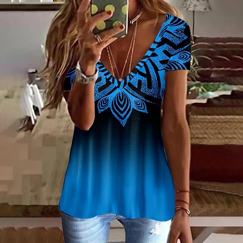 Летний топ с V-образным вырезом и 3D-принтом, модные повседневные женские футболки с короткими рукавами