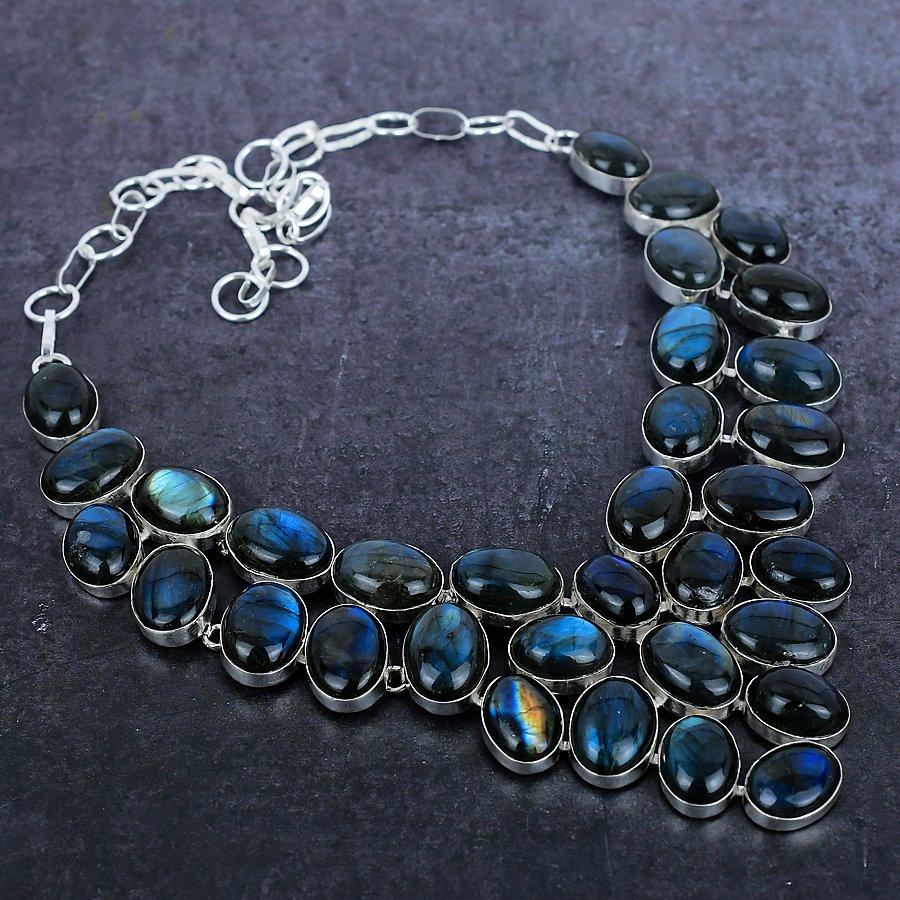 Ожерелье ручной работы из стерлингового серебра 925 пробы с драгоценным камнем лабрадоритом 18 дюймов q5W54