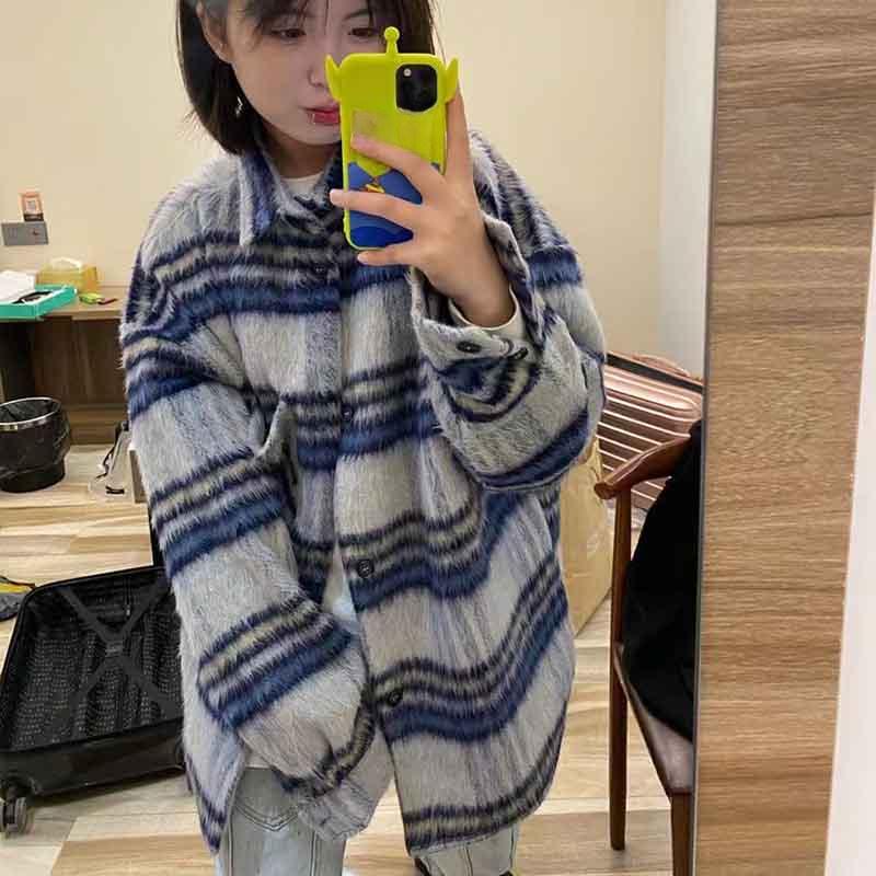 Autumn Artificial Wool Hooded Jacket Women Retro Korean Loose Stripes Casual Tops Harajuku Preppy All-Match Blends Outwear