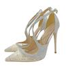 Fashionable New Silver Colored Diamond Mesh High Heels, Women's Thin Heeled Pointed Shoes, Cross Strap Sandals