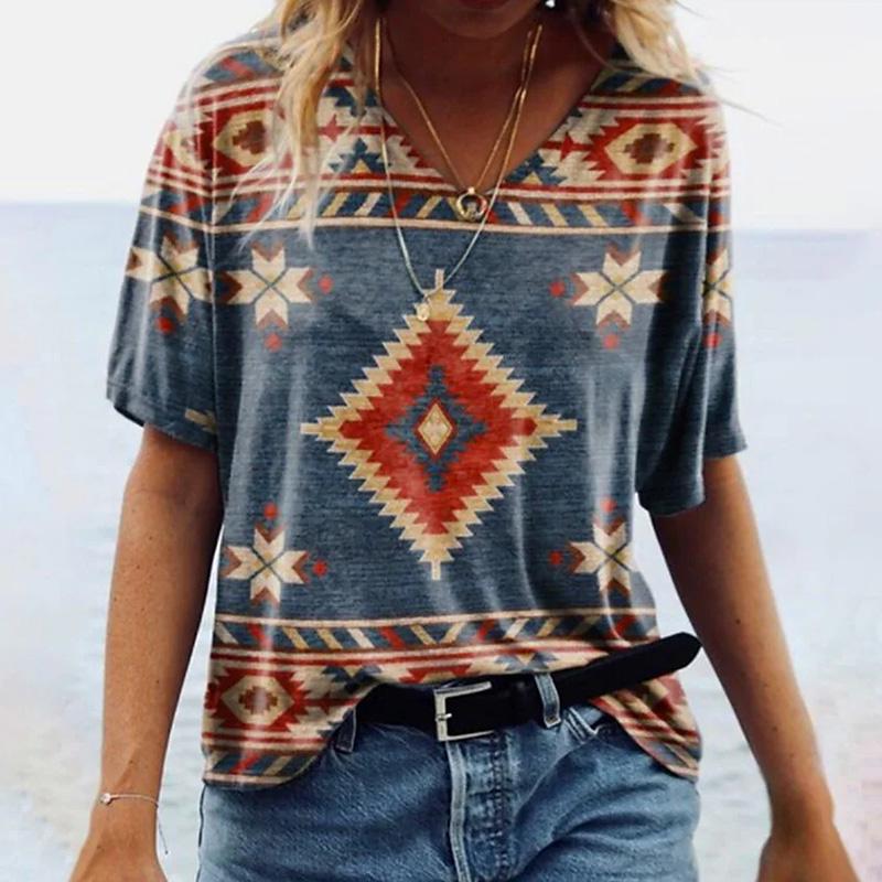 Женские топы с v-образным вырезом и коротким рукавом с винтажным рисунком, свободная футболка, повседневная блузка