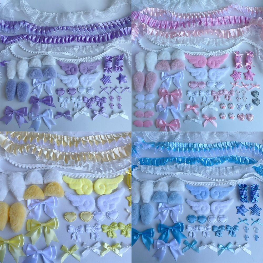 40Pcs/Set Pink Colorful Material Pack Set Plush Ear Bow Lace Accessories Set