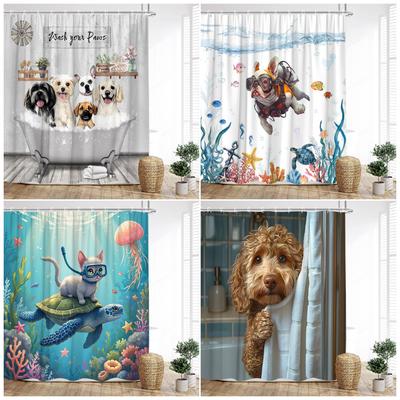 Забавная занавеска для душа с кошкой и собакой для дайвинга, милые мультяшные купающиеся животные, морская черепаха, подводный пейзаж, детские занавески для ванной комнаты, декор Se