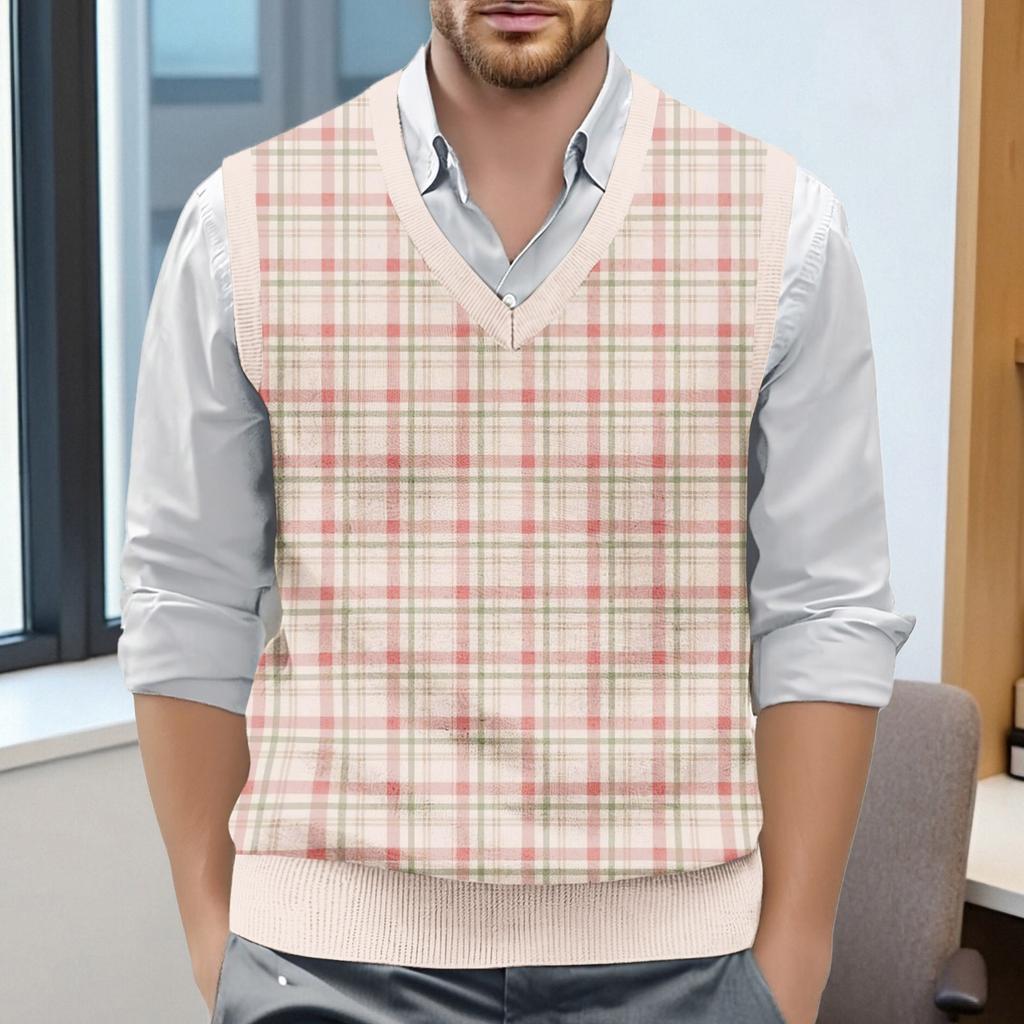 Мужской жилет без рукавов с клетчатым принтом и V-образным вырезом, вязаный джемпер