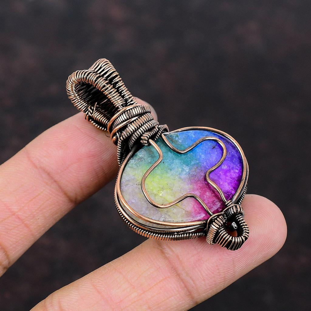 Подвеска Rainbow Solar Quartz Druzy, подвеска Rainbow Moonstone, подвеска из медной проволоки, обернутая драгоценным камнем, медные украшения для подарка, ювелирные изделия ручной работы