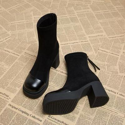 Женские ботинки Мартина на высоком каблуке 2025 осень и зима новые ботильоны на платформе на толстом каблуке эластичные ботинки темпераментные ботинки для похудения