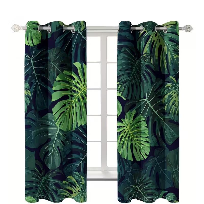 2 шт. штор с принтом зеленых листьев, подходят для украшения спальни, гостиной, кухни, домашнего декора, украшения окна