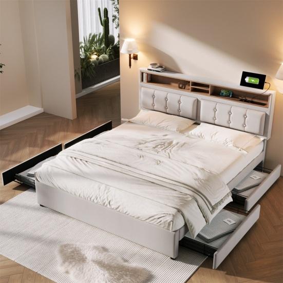 Teen Bed Double with 4 Drawers & Usb C Socket, Upholstered Person 160x200cm, Height Adjustable Headboard, Slatted Frame Made of Wood (without