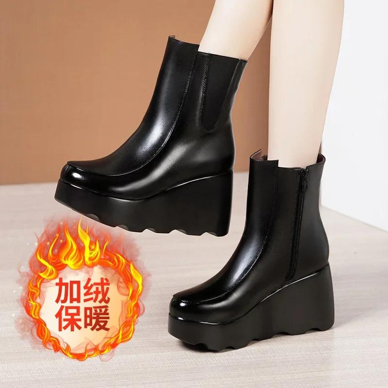 Маленький размер 32-43 Толстая подошва Плюшевая обувь Зима Женщины 2025 Элегантные Высокие каблуки Танкетки Ботильоны Мягкая кожа Ботильоны Платформа