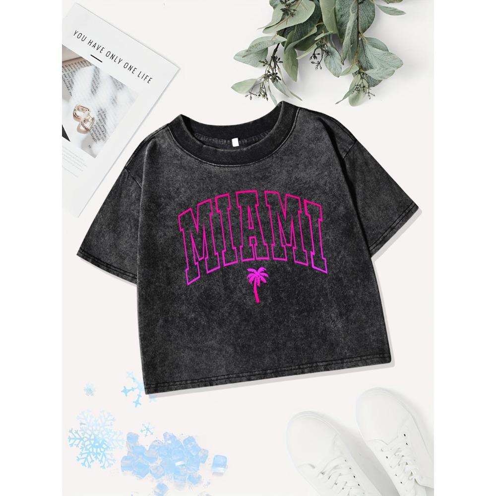 Street Cotton Crop Tops Womens Miami Letter Printing Washed T-Shirts Sexy O-Neck Regular Fit Streetwear Womans Clothes
