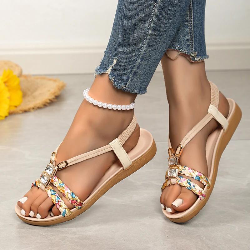 Fashion Women's Shoes 2025 Hot Sale Elastic Band Women's Sandals Fashion Printing Casual Sandal Swomen Summer Plus Size Flat Sandals