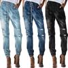 Women's Ripped Jeans Drawstring Elastic Waist Washed Casual Pants Denim Trousers