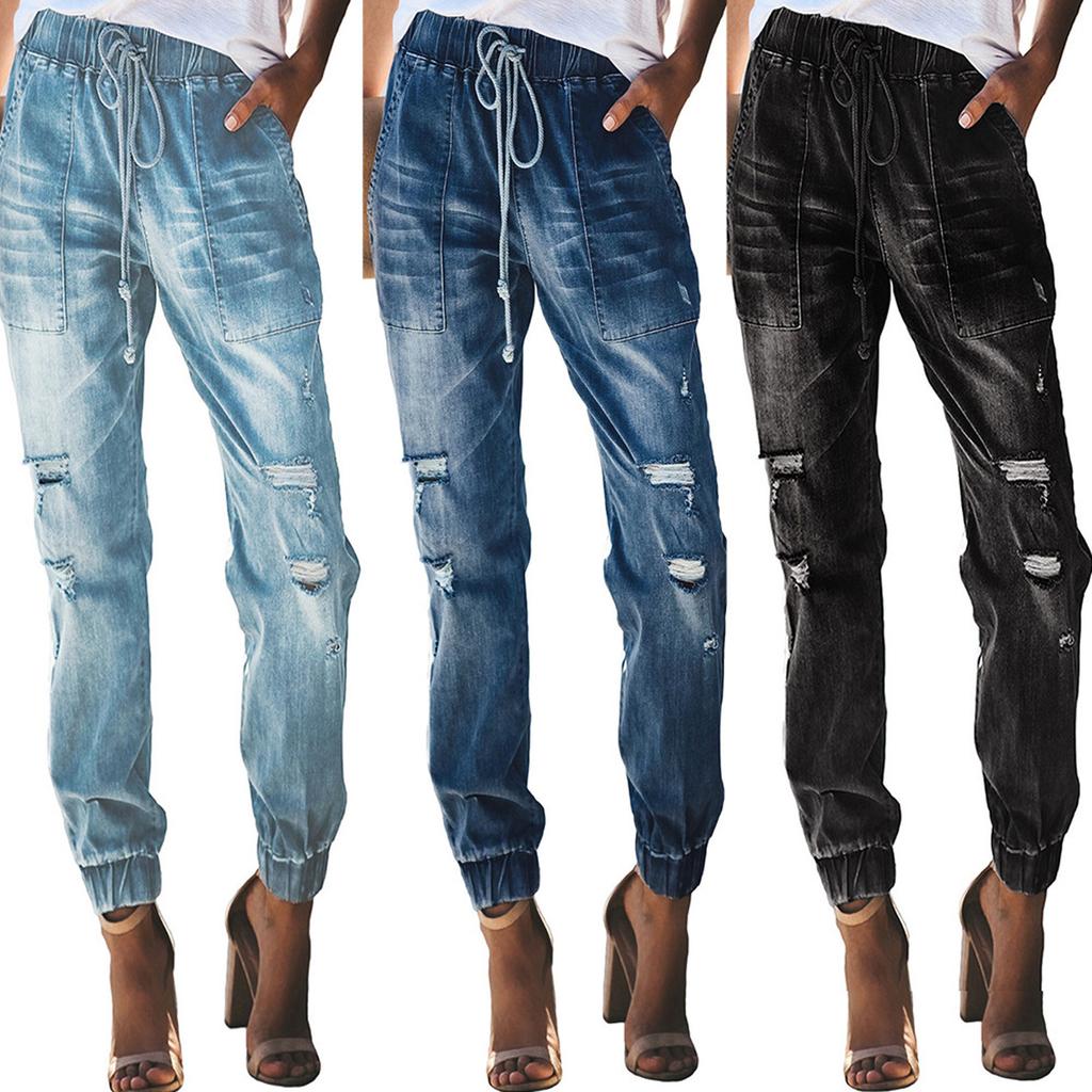 Women's Ripped Jeans Drawstring Elastic Waist Washed Casual Pants Denim Trousers