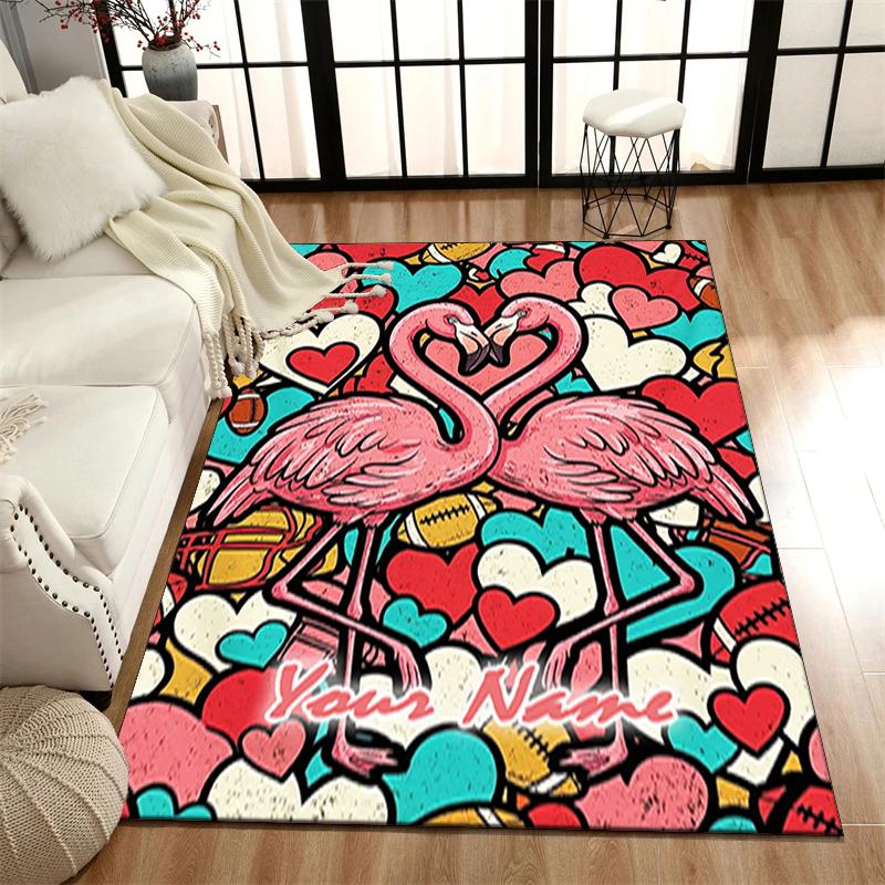 1PC Custom Name Flamingo Love Heart Theme Floor Mat Ideal for Living Room, Game Rooms, Office, Bedroom,Floor Mat Playful Design
