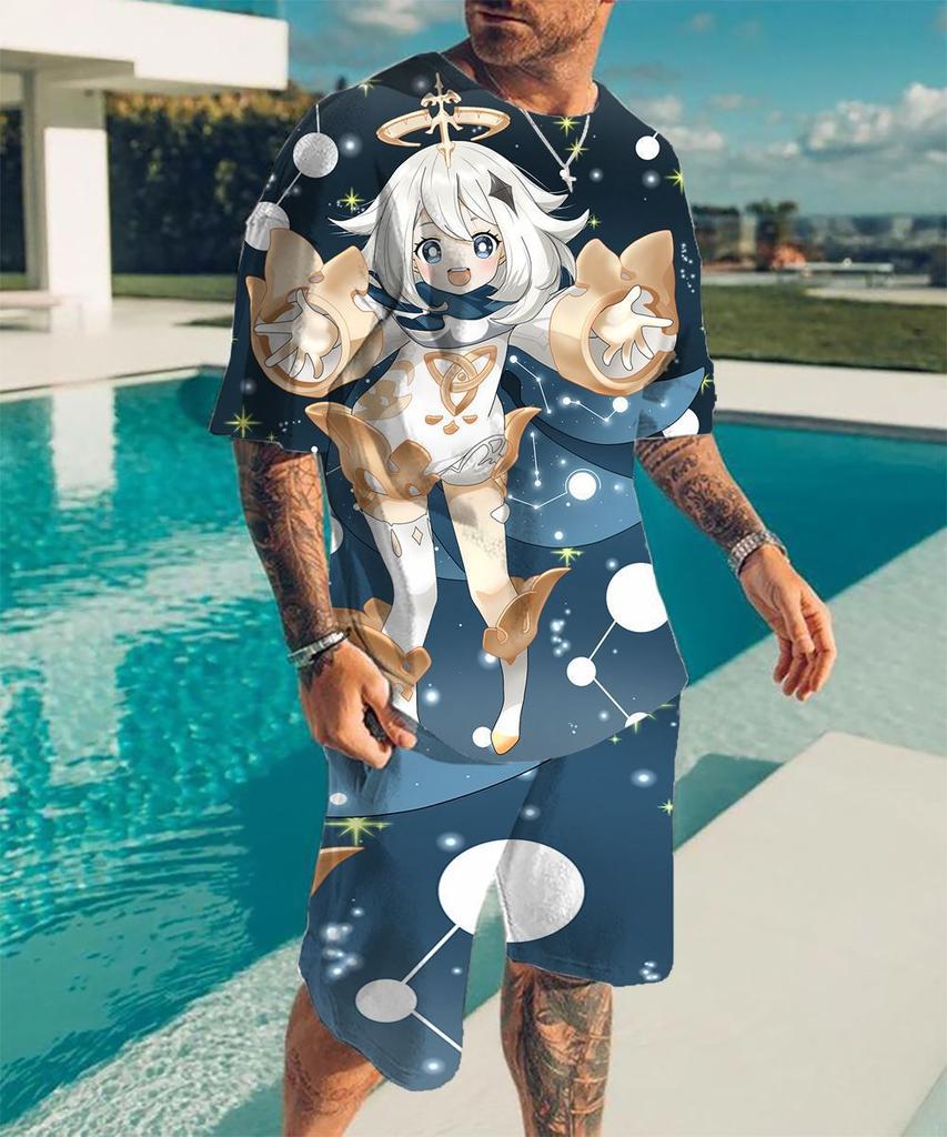European and American cross-border new animation 3D digital original god printing men's T-shirt shorts set wholesale, short-sleeved set