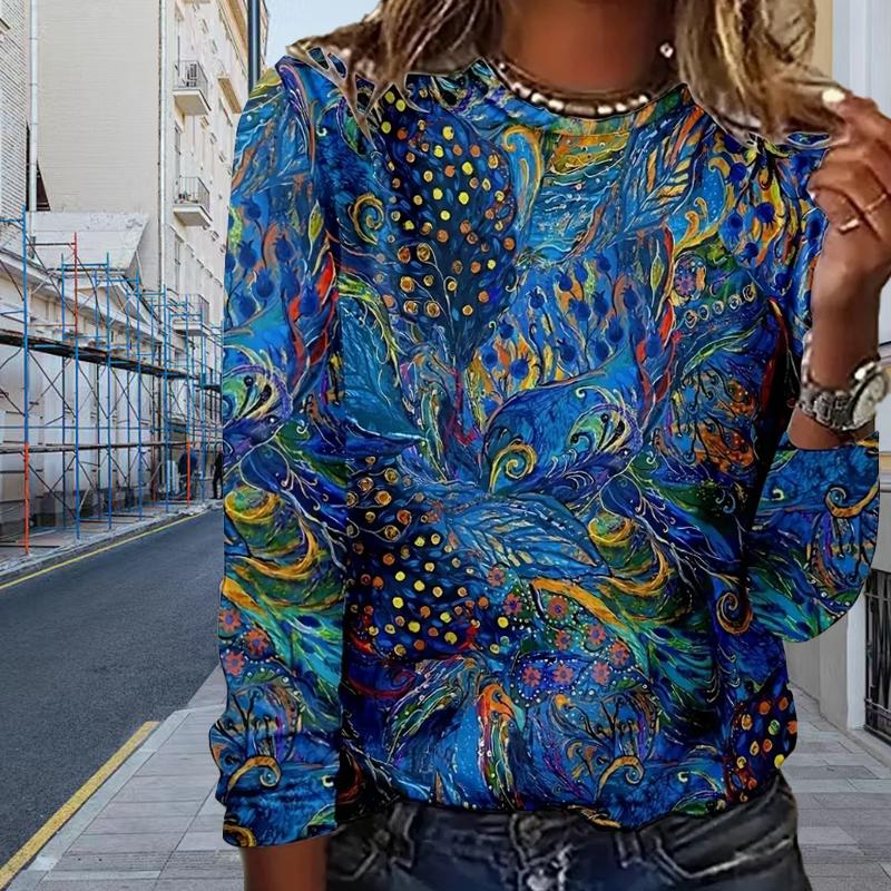 Топы для женщин с цветным растительным принтом, круглым вырезом и длинным рукавом, футболка, осенний повседневный тонкий пуловер, женский топ с длинным рукавом