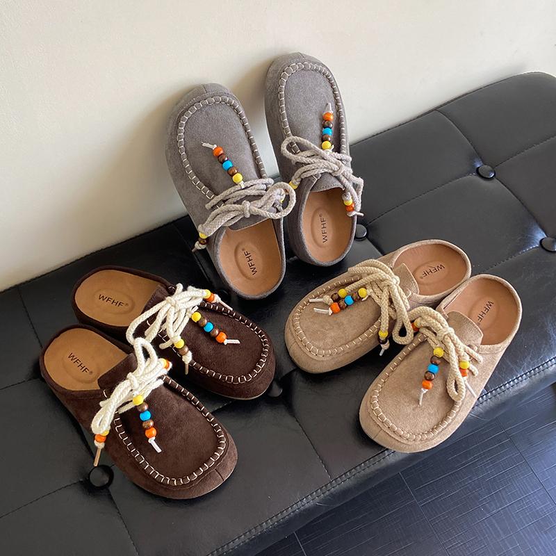 Женские туфли на плоской подошве с закрытым носком, с ремешком сзади, на шнуровке, с бисером, слипоны, с внутренней платформой, тапочки, универсальные, ретро, замшевые, женские туфли