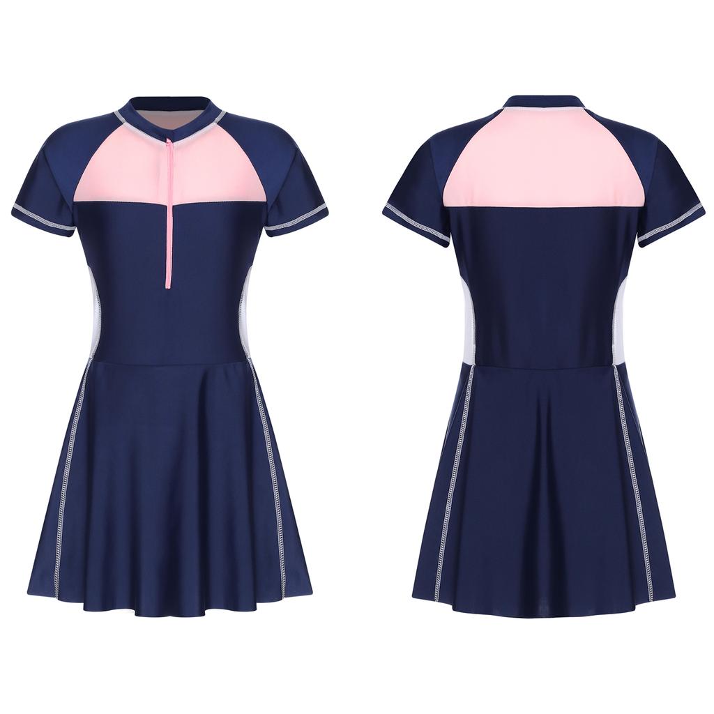 Подростковое купальное платье с короткими рукавами, цветной блок, пэчворк, на молнии спереди, рашгард, купальник, защита от УФ-лучей