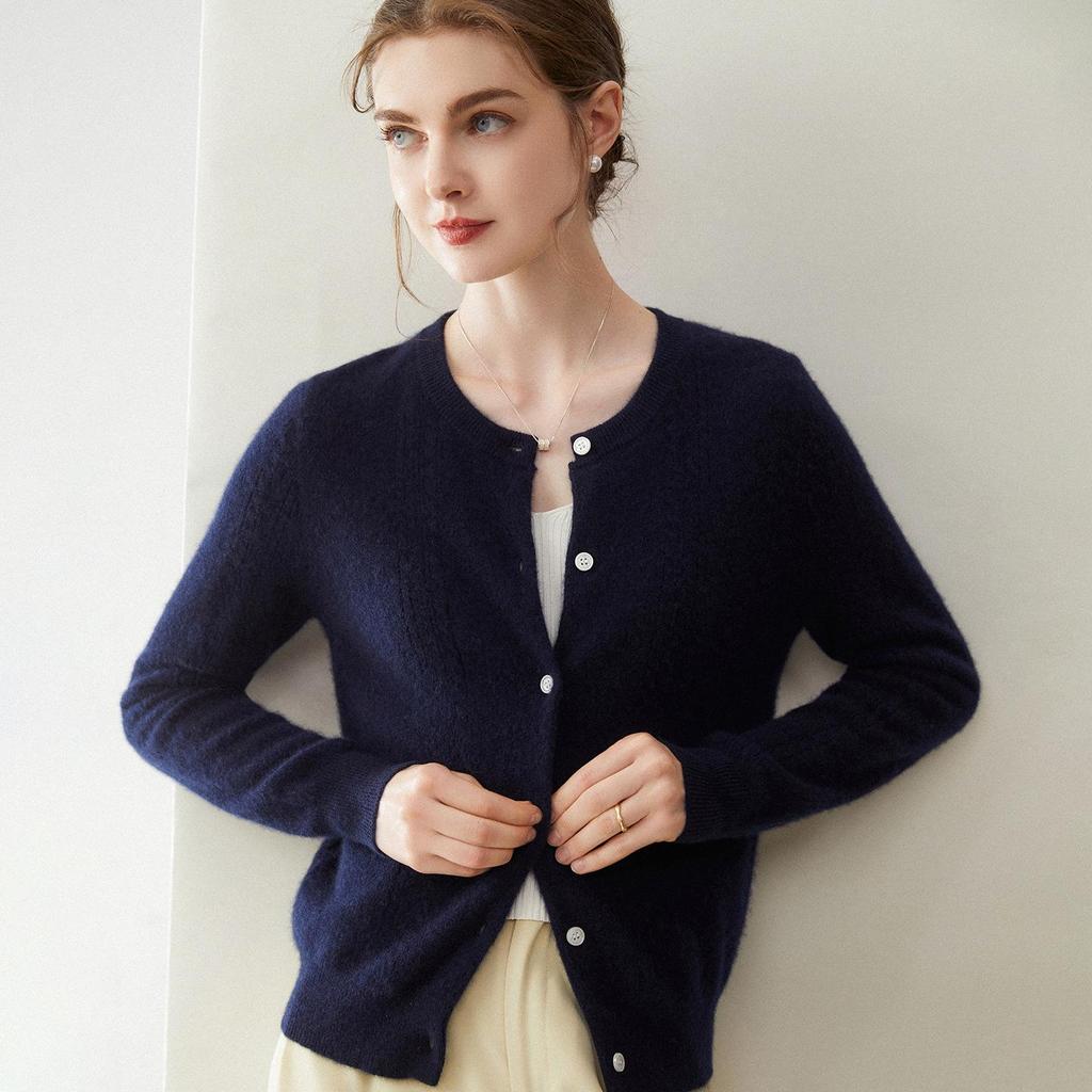 Women's Pure Cashmere Round Neck Cardigan - Autumn/Winter, Twelve-Gauge, Solid Color, Single-Breasted Sweater