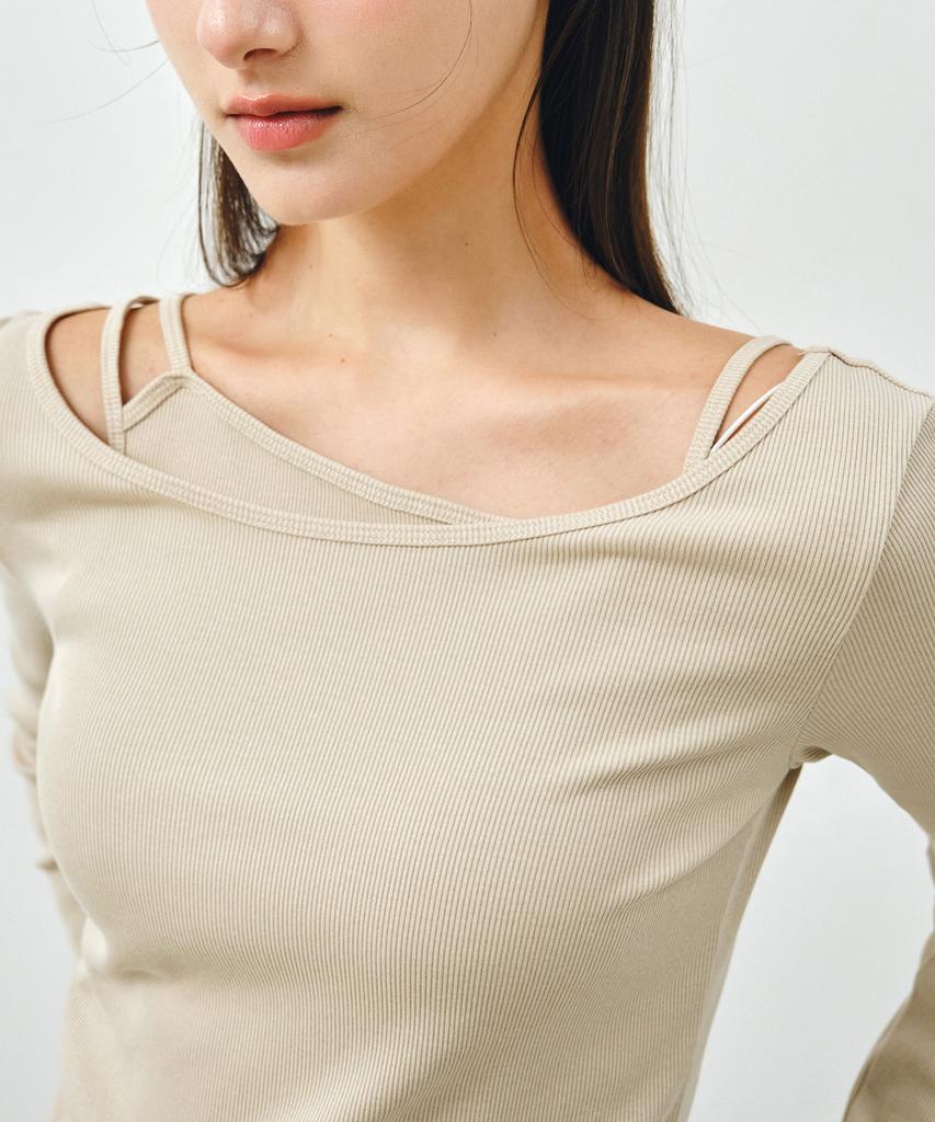 MONGDOL [Set] Boat Neck Layered Ribbed T-Shirt Beige Mdts087Beige
