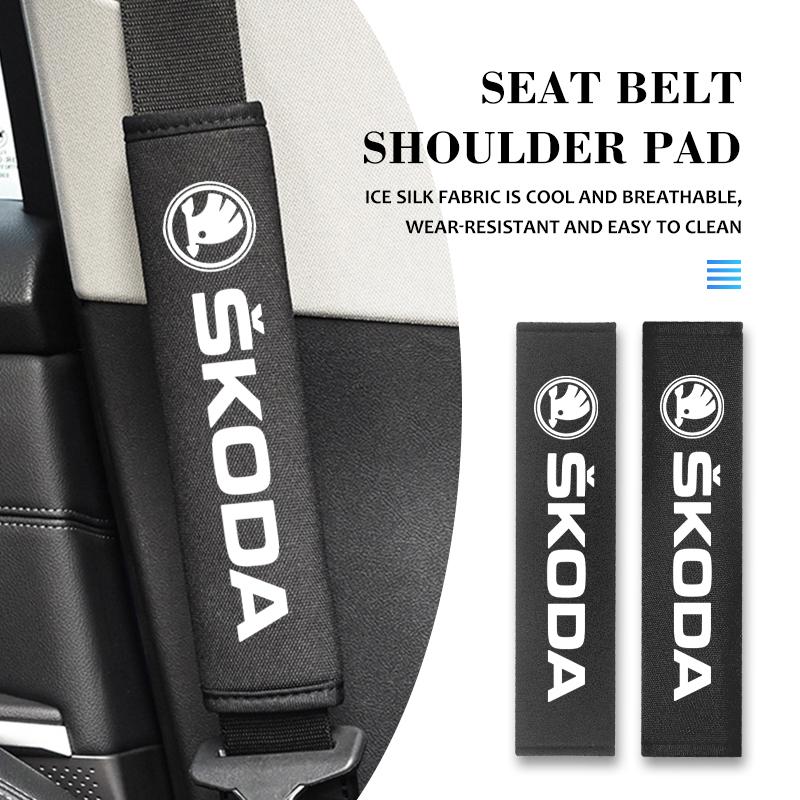 PBMN1 1/2pcs Ice Silk Car Styling Emblem Leather Seat Belt Cover Accessories For Skoda VRS Octavia 1 2 3 Rapid Kodiaq Karoq Fabia