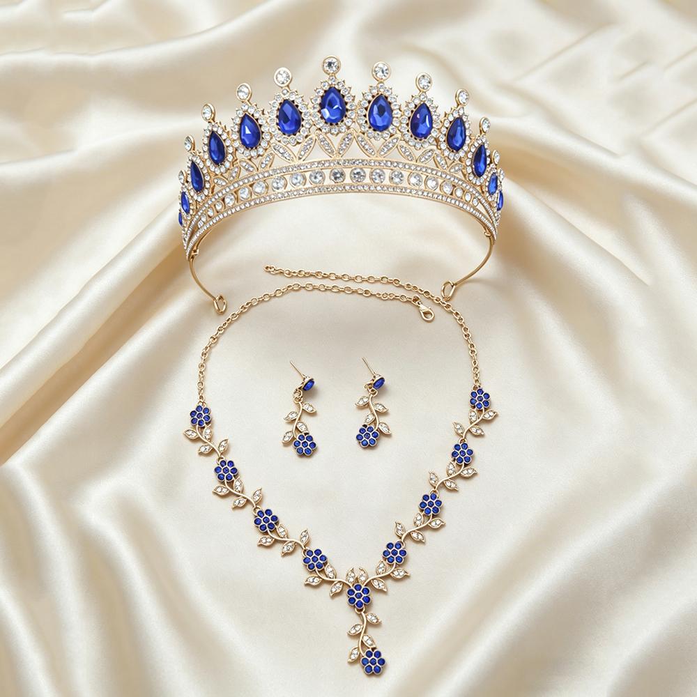Blue Sapphire Floral Bridal Jewelry Gold Tiara Crown Necklace Earrings Elegant Royal Accessories Wedding Prom Formal Occasions
