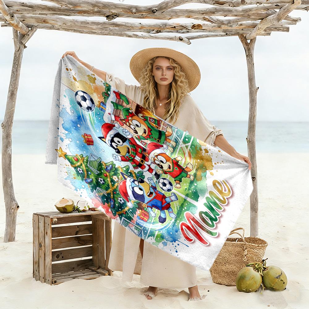 Christmas Soccer Fun Personalized Text Beach Towel Quick-Dry Soft Microfiber