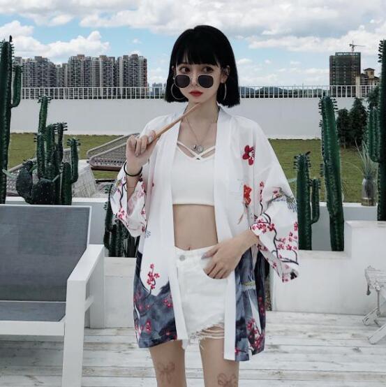 Новый японский кимоно Harajuku с цифровой печатью, пончо, пижамный кардиган