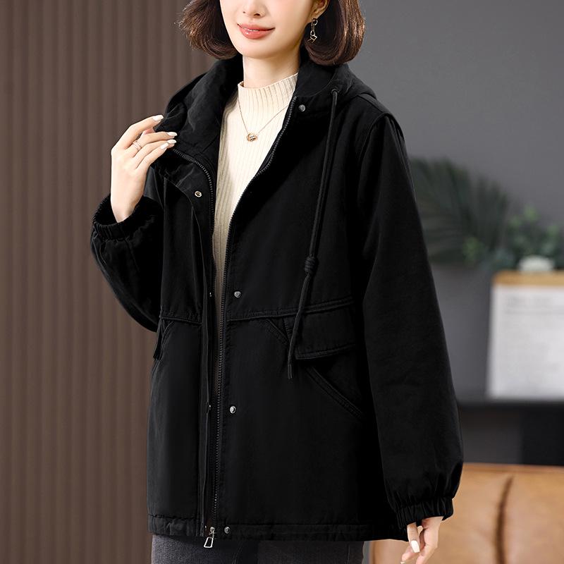 Женская хлопковая парка средней длины с капюшоном 2024 года - На флисовой подкладке, однотонная, повседневного свободного кроя, зимнее пальто
