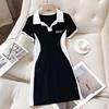 Women's Mini Shirt Dress Short Sleeve Colorblock Dress with Collar Summer Casual V Neck Bodycon Dress Party Club Short Dress