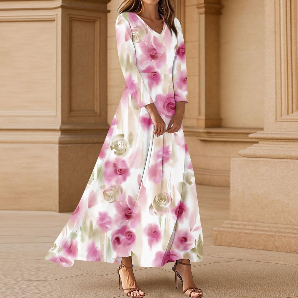 Dresses For Womens Vintage Flower Tunic Waisted Midi Dress Summer Casual 3/4 Sleeve Dress