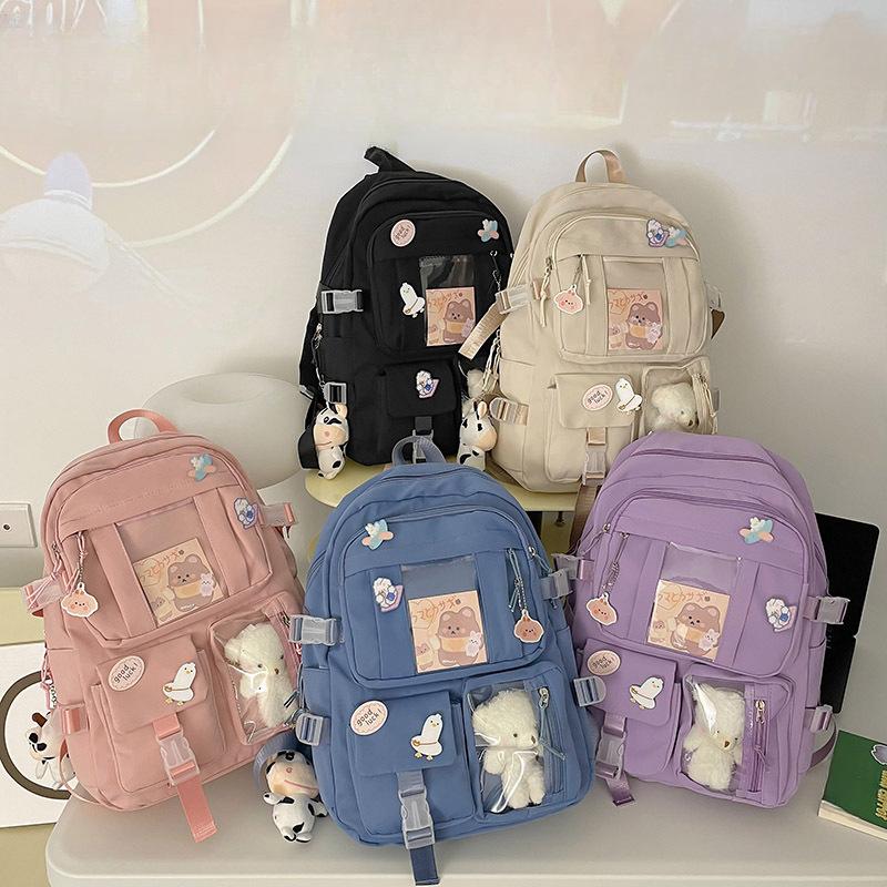 Girls Backpack Cute School Bags for Student Teens Girls Pockets Women Laptop Backpack Harajuku Pendant Backpack Cartoon Cute Badge Bear Bag