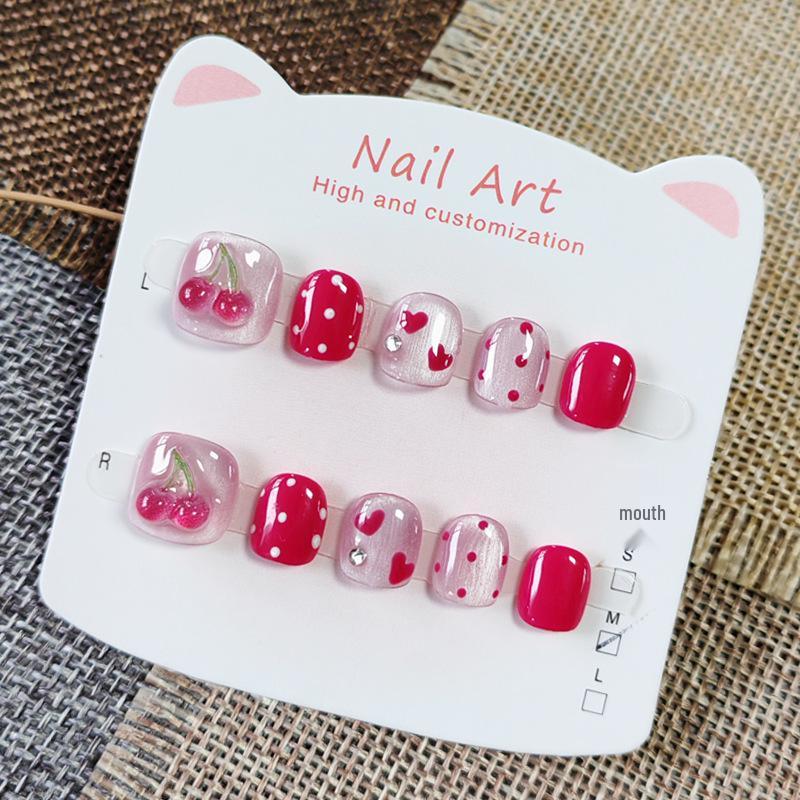 Вишневый дизайн ногтей «Кошачий глаз» в форме сердца для детей (Возраст 5-10 лет) - Ручная работа, Носимый, Милый, Простой стиль