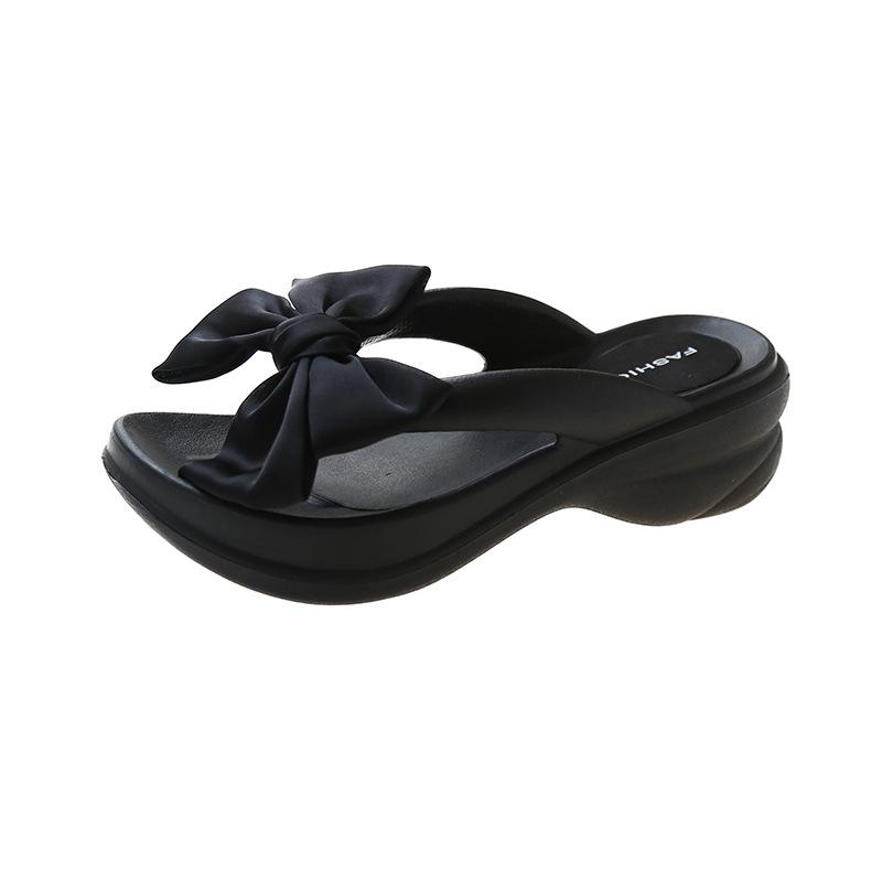 Модные розовые шлепанцы на танкетке с большим бантом для женщин, лето 2024, тапочки на платформе, толстая подошва, нескользящие пляжные шлепанцы, сандалии De Mujer