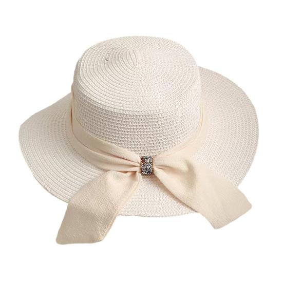 Straw Hat Lightweight Breathable Flat Top Wide Brim Sun Protection Hat Metal Buckle Ribbon Decorated Hat Summer Beach Hat