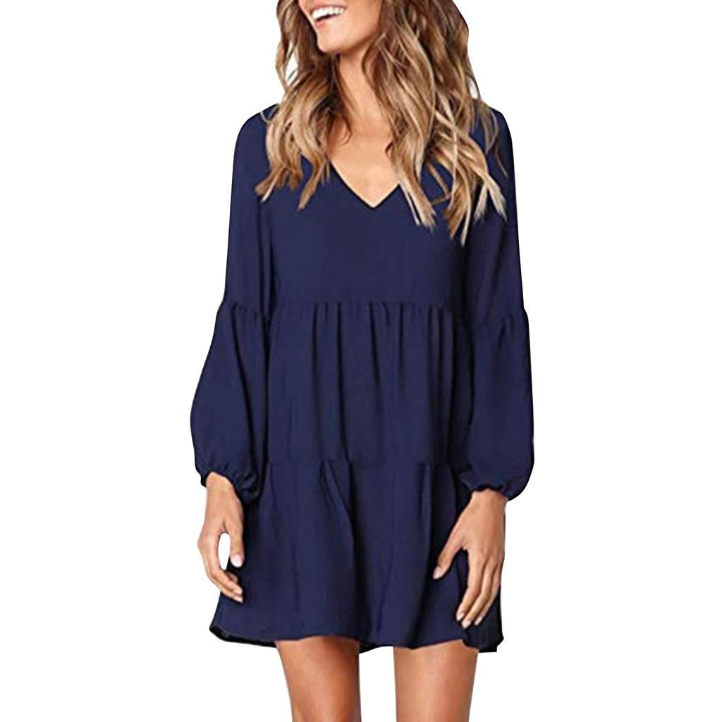 Женская мода с v-образным вырезом, свободные плиссированные качели, однотонные повседневные шифоновые платья