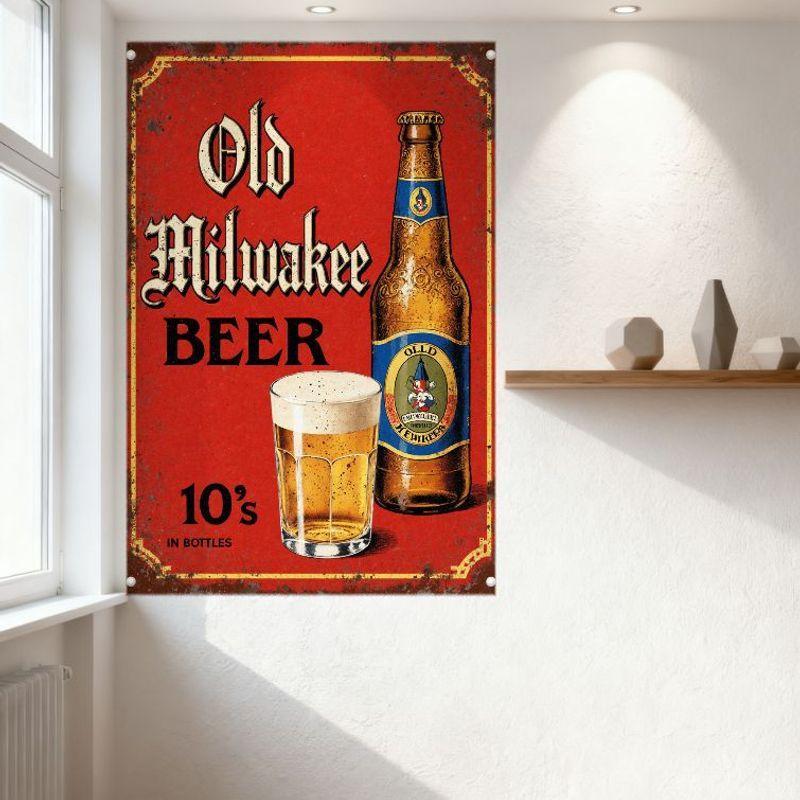 Винтажная металлическая жестяная вывеска Old Milwaukee Beer в деревенском стиле, красного цвета с золотой рамкой, изображением стеклянной бутылки и этикетки с гномом — для домашнего бара, для мужчины.