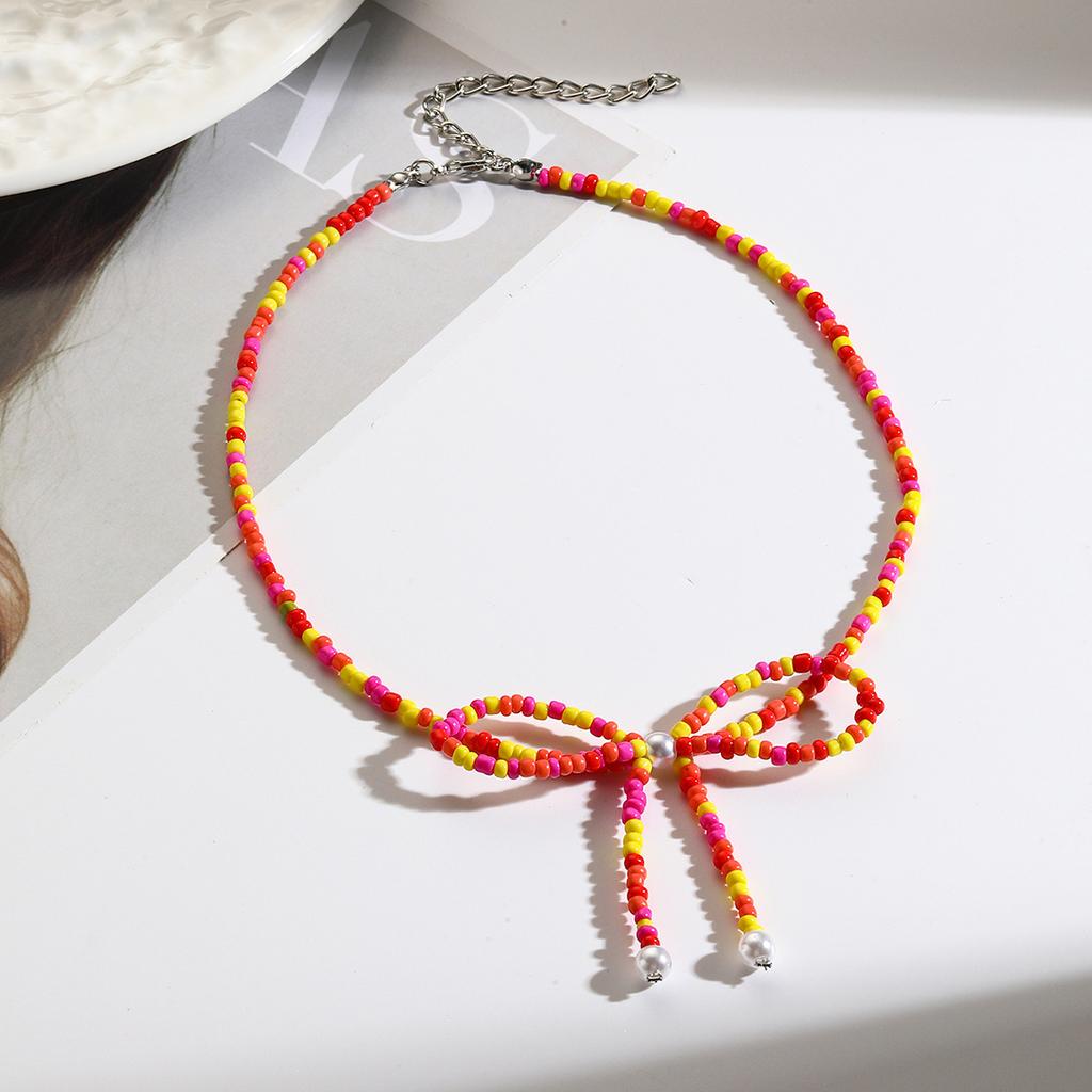 Летнее ожерелье, Ожерелье из бисера из рисовых бусин с бантом, Цепочка до ключицы, Цепочка из бусин, Универсальная, Личность