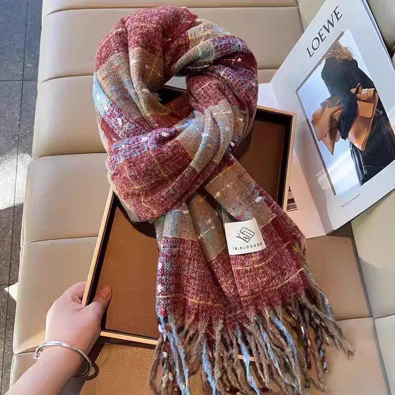 Plaid Scarf Women's Atmosphere Warm New Dry Rose Powder Autumn and Winter White Soft Fringed Shawl Scarf